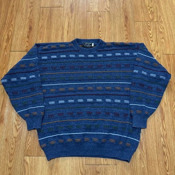 Vintage Grandpa Men's Sweater 3D Striped Knit Heavy Cozy Blue Size Large - Picture 1 of 6